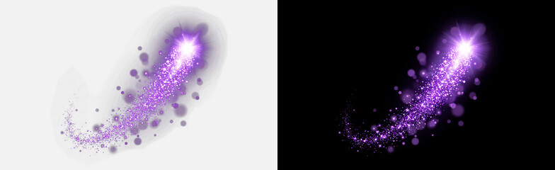 Purple glowing comet trail with sparkling stardust particles, magic light streak with bright star burst, abstract dust explosion effect, isolated on transparent background, shooting star PNG overlay © Pixora