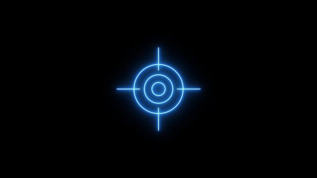 Glowing blue neon target icon featuring concentric circles and crosshairs on a black background. The design creates a futuristic or sci-fi interface aesthetic, motion graphic of target concept.