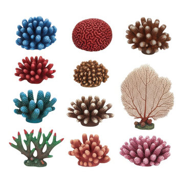 Colorful coral reef polyps and sea fans collection isolated on white background