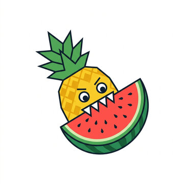 Funny pineapple eating watermelon. Cute cartoon fruit character biting a fresh melon slice.