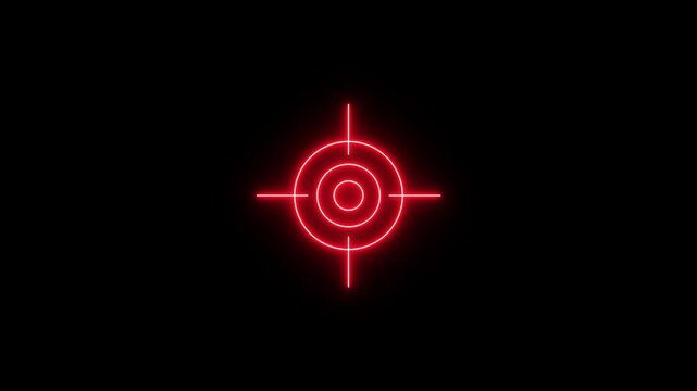 Glowing red neon target icon featuring concentric circles and crosshairs on a black background. The design creates a futuristic or sci-fi interface aesthetic, motion graphic of target concept.