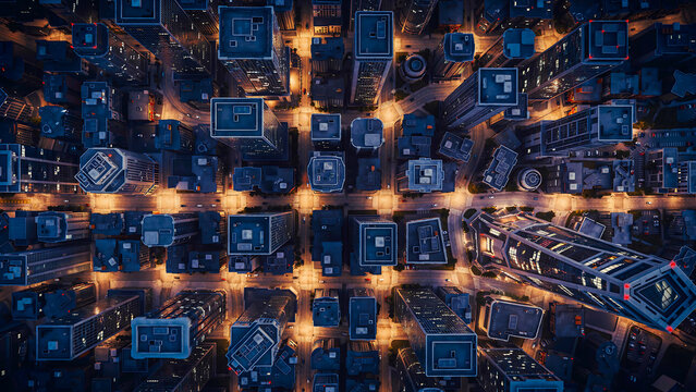 Aerial perspective of a dense city street grid illuminated after dark