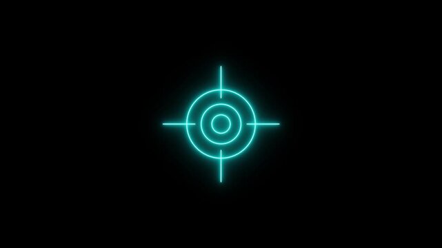 Glowing cyan neon target icon featuring concentric circles and crosshairs on a black background. The design creates a futuristic or sci-fi interface aesthetic, motion graphic of target concept.