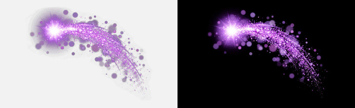 Purple glowing comet trail with sparkling stardust particles, magic light streak with bright star burst, abstract dust explosion effect, isolated on transparent background, glowing PNG overlay