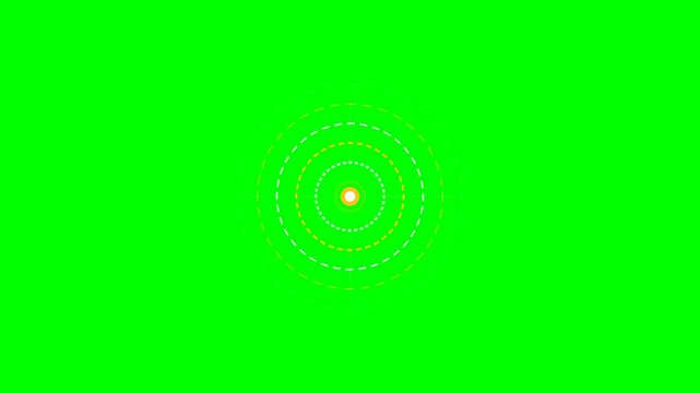 Concentric dashed circles radiating from a central point on green background