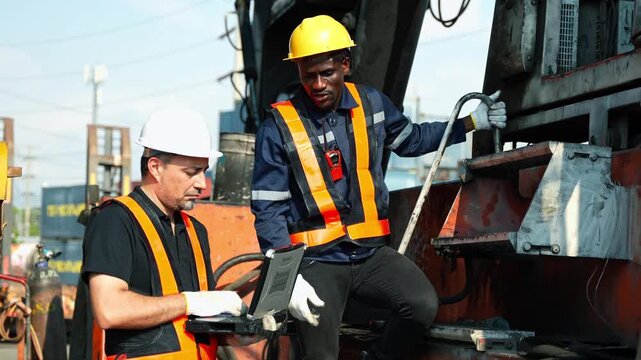 Two professional logistics workers in hardhats and safety vests use a rugged laptop to coordinate industrial operations and equipment maintenance at a busy container terminal port