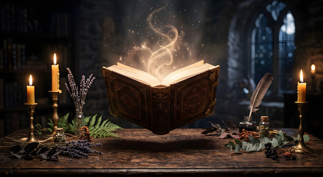 Magical open spellbook levitating above a rustic wooden table with glowing smoke, candles, herbs, and a quill pen in a medieval castle room