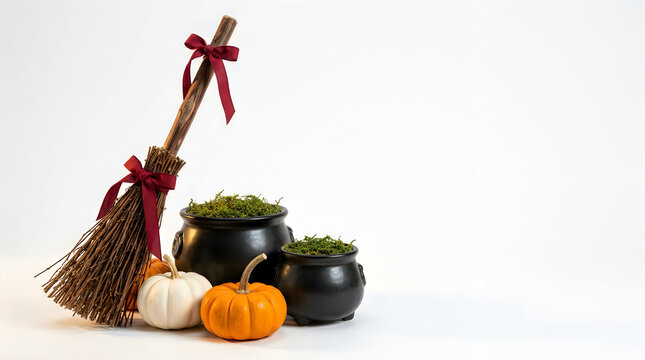 Halloween witch broom and magic cauldrons. Scarecrow staff and potion pots. Orange and white pumpkins with red ribbon. Spooky autumn decor. Festive witchcraft composition. Magical Halloween