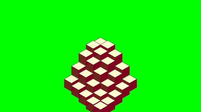 A stacked pyramid structure of isometric cubes against a green background