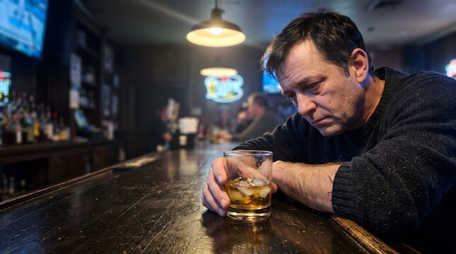 Caucasian depressed man looking at whiskey glass in bar. Sad lonely male sitting at wooden pub counter, for alcohol addiction.