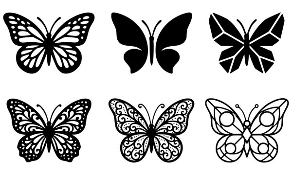 Detailed butterfly silhouette vector collection with black and white decorative insect wings isolated on white background for stencil designs
