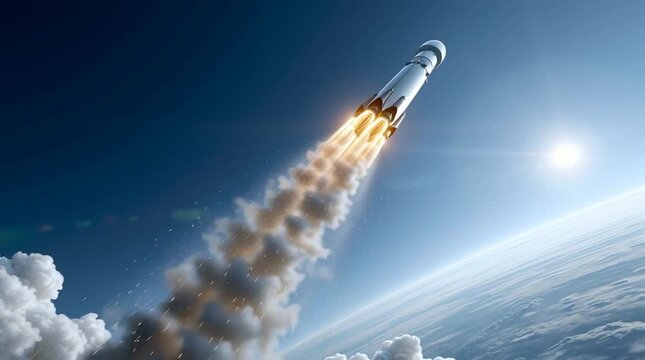 Powerful rocket launching into space above Earth's atmosphere with sun flare and white clouds in the blue sky