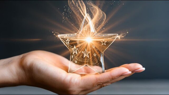 Hand holding a glass star container with glowing elements inside