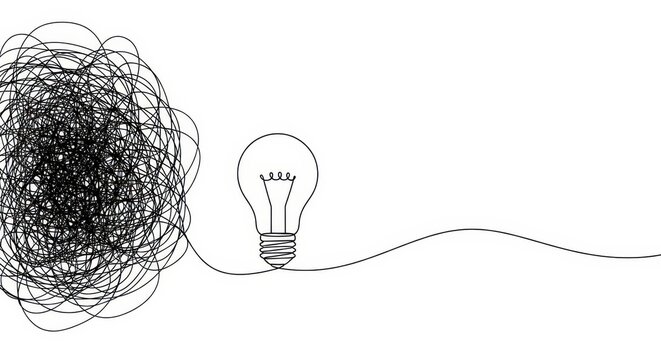 Simplifying Complex Problems Concept with Light Bulb Line Art and Tangled Mess of Scribbles on White Background