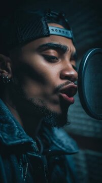 Talented hip hop artist recording a new song and rapping passionately into a professional microphone in a music studio