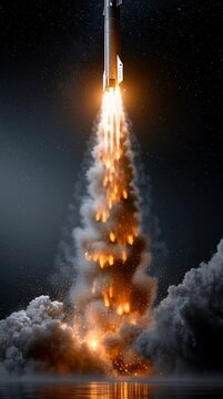 Powerful rocket launching into space at night with bright flames, smoke, and water reflection on the launchpad