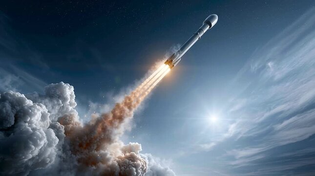 Starlink transport rocket launching into space through clouds during a spectacular daytime liftoff for a satellite mission