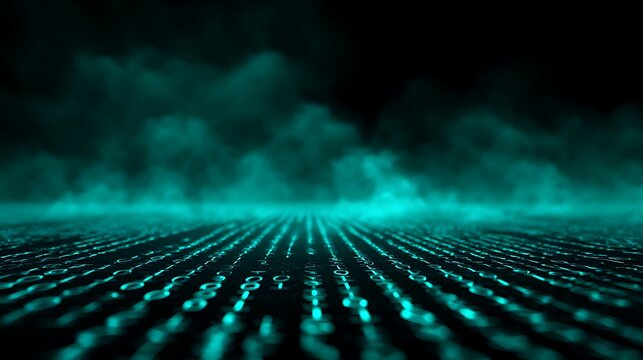 A digital landscape with a matrix-like pattern of green and blue lights, surrounded by a dense cloud of green smoke.
