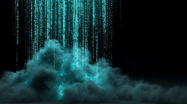 A digital rain of blue and green binary code falls from the sky, creating a visually striking and futuristic atmosphere.