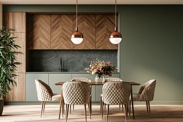 Obraz premium Modern dining room interior with wooden chevron cabinets, sage green walls, copper pendant lights, and quilted chairs around a wooden table