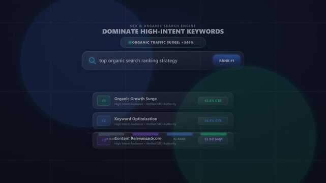 Modern SEO interface animation showing high intent keywords ranking and organic traffic growth surge