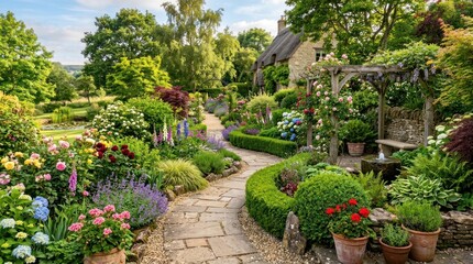 Obraz premium A picturesque garden with a stone path, lush greenery, and a variety of colorful flowers, including roses and lavender, leading to a thatched-roof cottage in the background.