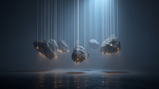 A mesmerizing array of suspended meteorites against a dark, ethereal background, illuminated by a soft, glowing light.