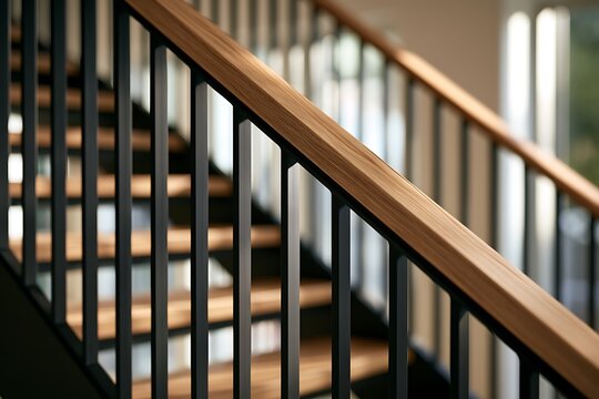 Closeup of a modern staircase railing with a natural wood handrail and black metal vertical balusters in a bright, contemporary interior setting