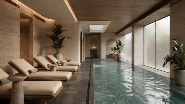 Indoor swimming pool with lounge chairs and arched doorways presents a serene spa environment