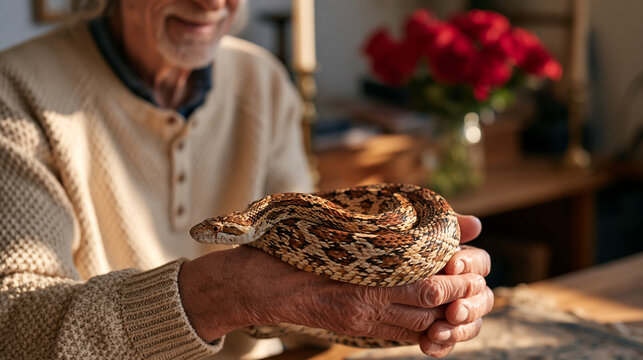 Elderly reptile handler in a candlelit herpetology study holding a large corn snake across weathered forearms, Valentines Day red roses arranged in a glass jar on the shelf behind