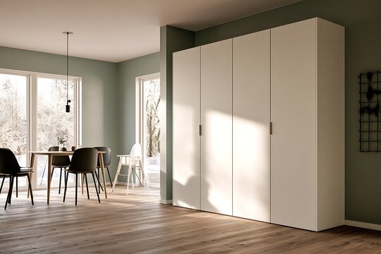 Spacious modern dining room with light green walls, wooden flooring, dining table with black chairs, and a large fourdoor white wardrobe