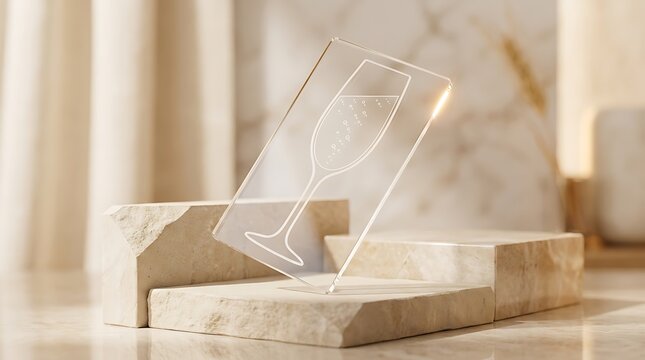 Etched glass rectangle with champagne glass motif on stone blocks.