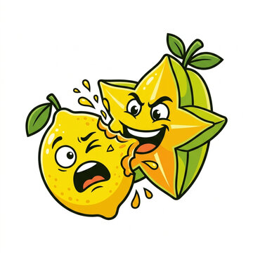 Cartoon star fruit biting a lemon. Funny fruit characters with expressive faces and emotions.