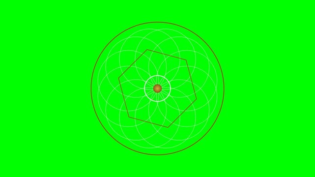 Geometric pattern of intersecting circles and a pentagon on green background