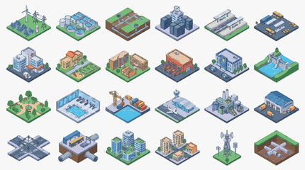 Fototapeta premium Industrial and Urban Infrastructure Icons Set Colorful Isometric Illustrations of Factories Homes Transport Utilities and Nature