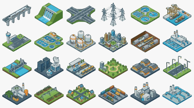 Clean Isometric Infographics Showcasing Diverse Urban and Industrial Infrastructure with Bright Colors