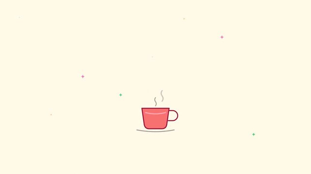 Motion of steaming pink cup in animated sequence with floating particles for lively beverage scene.