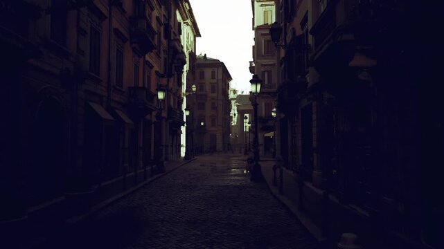 lane leading to distant arched bridge, cobbled path and narrow facades framing bright horizon, layered perspective with atmospheric depth and soft reflections