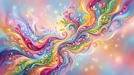 Obraz premium A vibrant, abstract painting with a rainbow-colored swirl pattern on a gradient background.