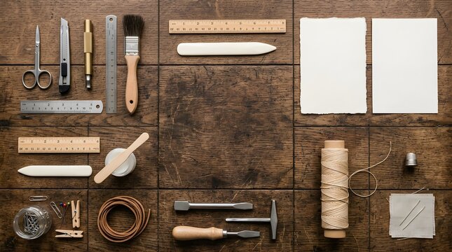 Flat lay of bookbinding tools and craft equipment on a rustic wooden table