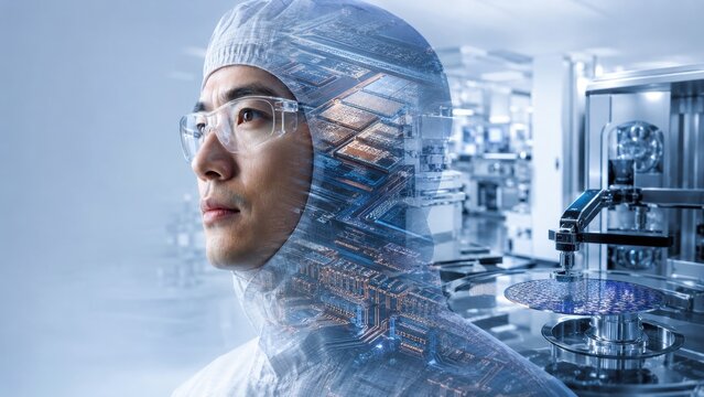 An Asian engineer wearing a cleanroom suit works with advanced technology and microchip manufacturing inside a modern laboratory.