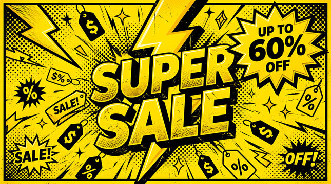 Vibrant yellow and black pop art graphic design with design featuring bold sale text discount displays vibrant background typography promotion