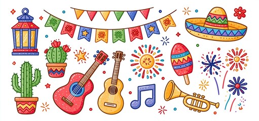 Obraz premium Festive June party icons featuring colorful lanterns, pennant banners, sombreros, desert plants, instruments, and fireworks.