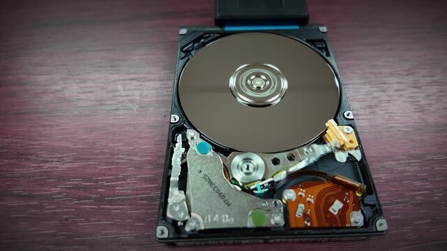 A close-up shot of the internal hard disk rotating to save data, connected via a high-speed port.