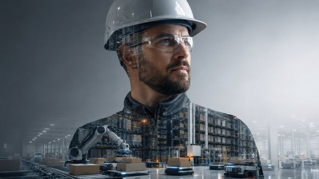 Engineer in a warehouse utilizing automated technology wearing a hard hat and safety glasses.