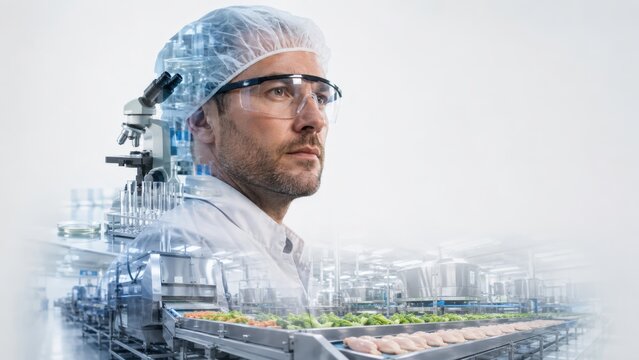 A male scientist works in a laboratory overlooking a food factory conveyor belt processing fresh production.
