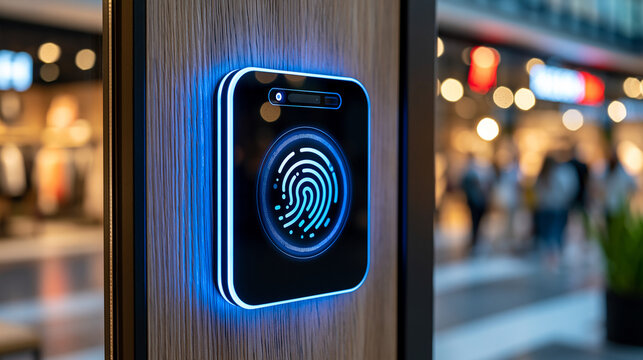 Illuminated security badge scanner device mounted near a retail fashion boutique entrance in a crowded shopping district, close up detail of the access panel showing encrypted biometric reader techn