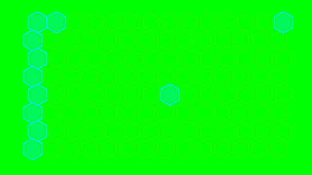A bright cyan geometric honeycomb pattern centered on a vivid green background