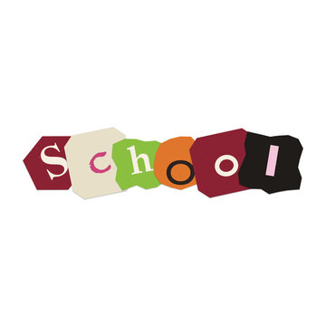 A colorful ransom note style text graphic spelling out the word school presented as an isolated on transparent background