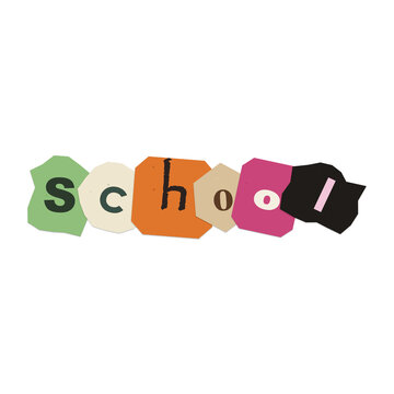 The word school created with cut out paper letters in a ransom note style isolated on transparent background